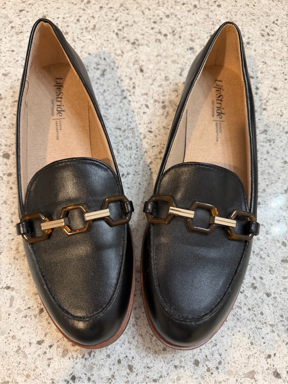 Life Stride Black Leather Slip-On Loafers with Tortoiseshell Chain Accent